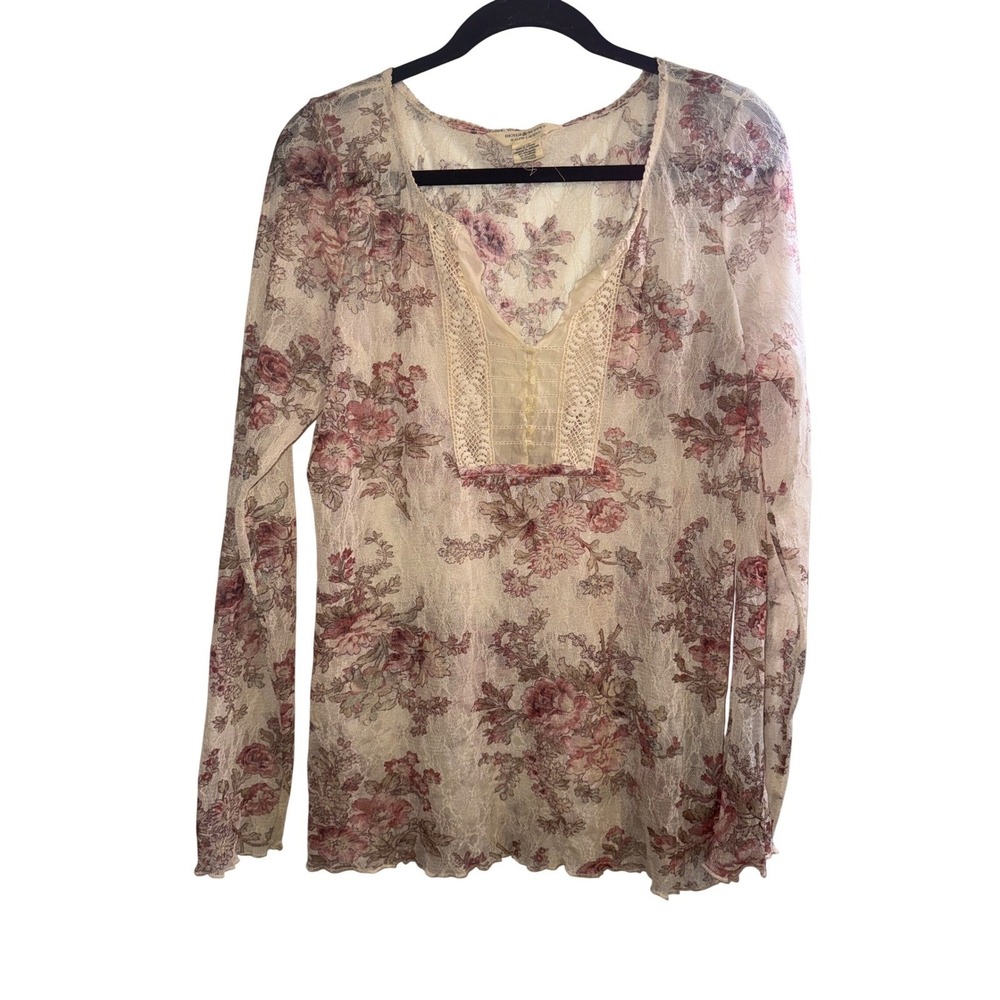 Denim & Supply Ralph Lauren Floral Lace Mesh Top XL Pink Rose Sheer Long Sleeve